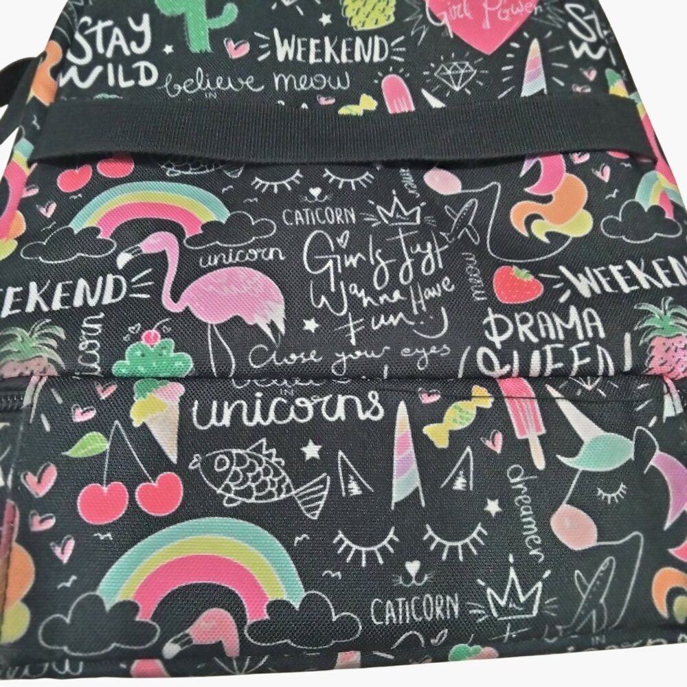 Flamingo Lunch Bag Insulated Unicorn Rainbow Adjustable Strap Black Pink - Picture 4 of 6